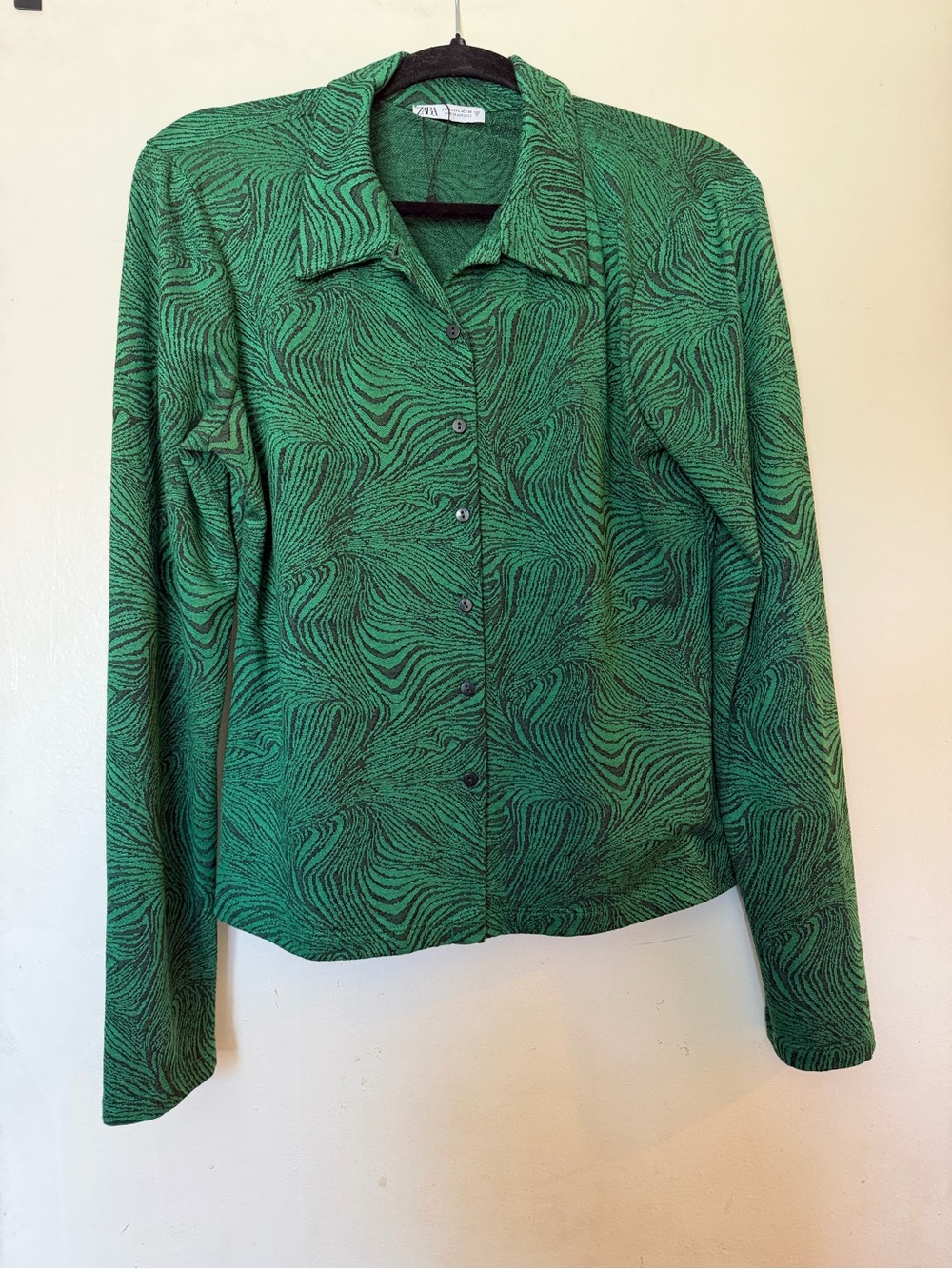 Zara Green Black Abstract Swirl Button-Up Top Size L